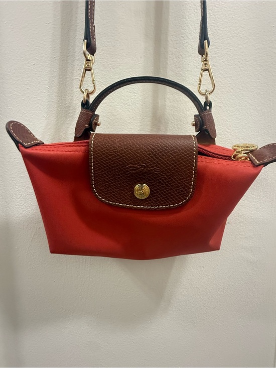 Longchamp Handbags - Longchamp Le Pilage cosmetic case Red Orange Crossbody Tote with Brown Trim